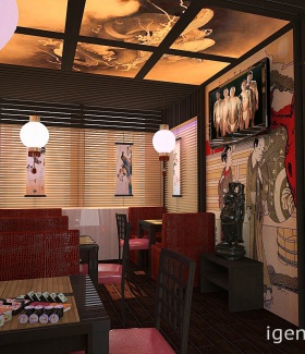 Интерьер кафе, бара, ресторана в Японском стиле автор Алексей Мурзин  (Челябинск) В интерьере использован телевизоры, диваны