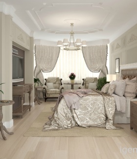 Интерьер спальни в Классическом стиле автор Антон Булеков (Москва) В интерьере использован светильник, люстра, кресла